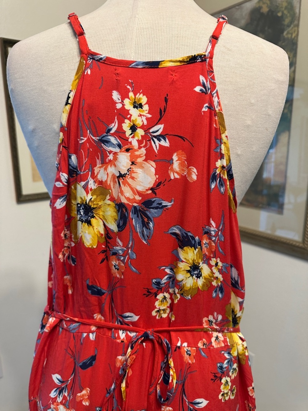 Band of Gypsies Red Floral Boho Maxi Dress w/Adjustable Straps Size Large - Picture 10 of 16